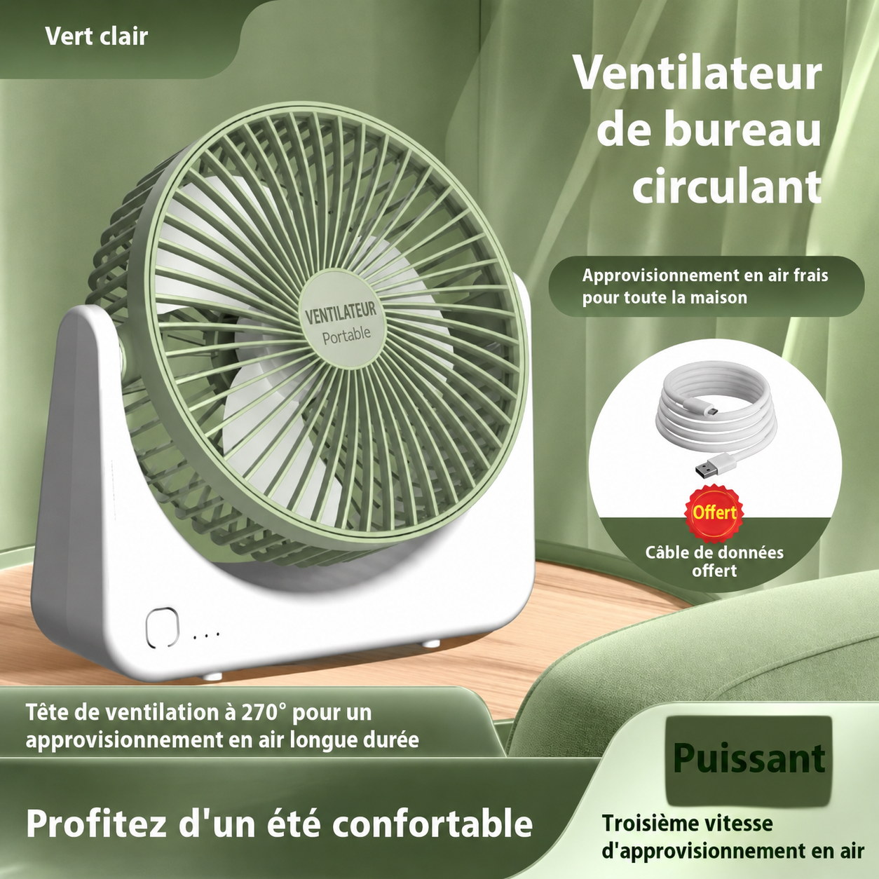 Ventilateur de Bureau Portable Rechargeable – Silencieux & Puissant