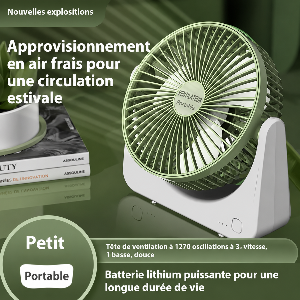 Ventilateur de Bureau Portable Rechargeable – Silencieux & Puissant